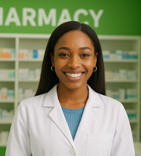 smiling pharmacist in well organised pharmacy